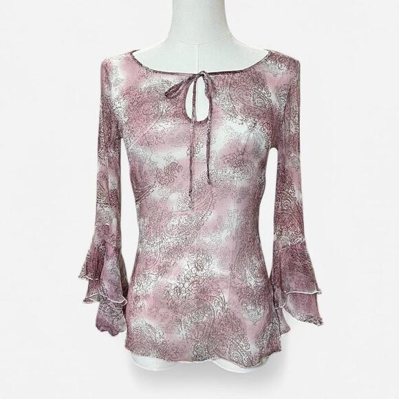 VTG Y2K Timid Sheer Pink & Brown Silk Paisley Keyhole Bell Sleeve Fairycore Top - Picture 3 of 8